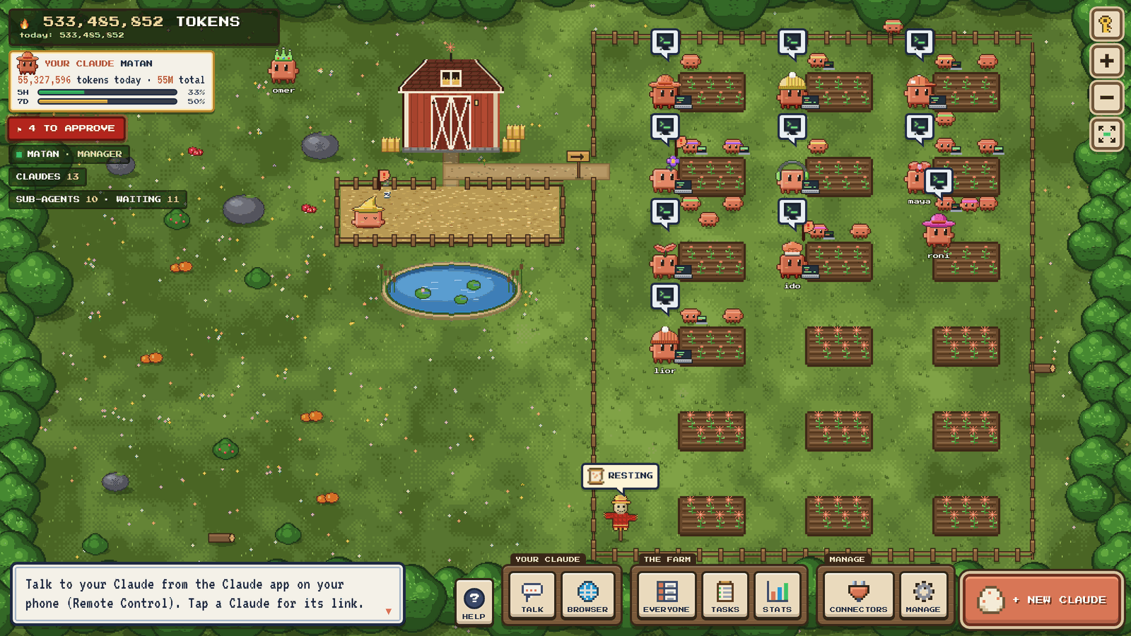 The real farm UI with thirteen Claudes: the tokens counter and your Claude's card with its 5-hour and 7-day usage top left, chips for approvals, Claudes and sub-agents under them; the barn with its fenced yard and pond on the left; the fenced field on the right, where busy Claudes type at their plots with mini-Claude sub-agents around them and the scarecrow planner rests in the corner; a hint box bottom left and the labelled dock bottom right: help, your Claude (talk, browser), the farm (everyone, tasks, stats), manage (Slack, manage) and + new Claude