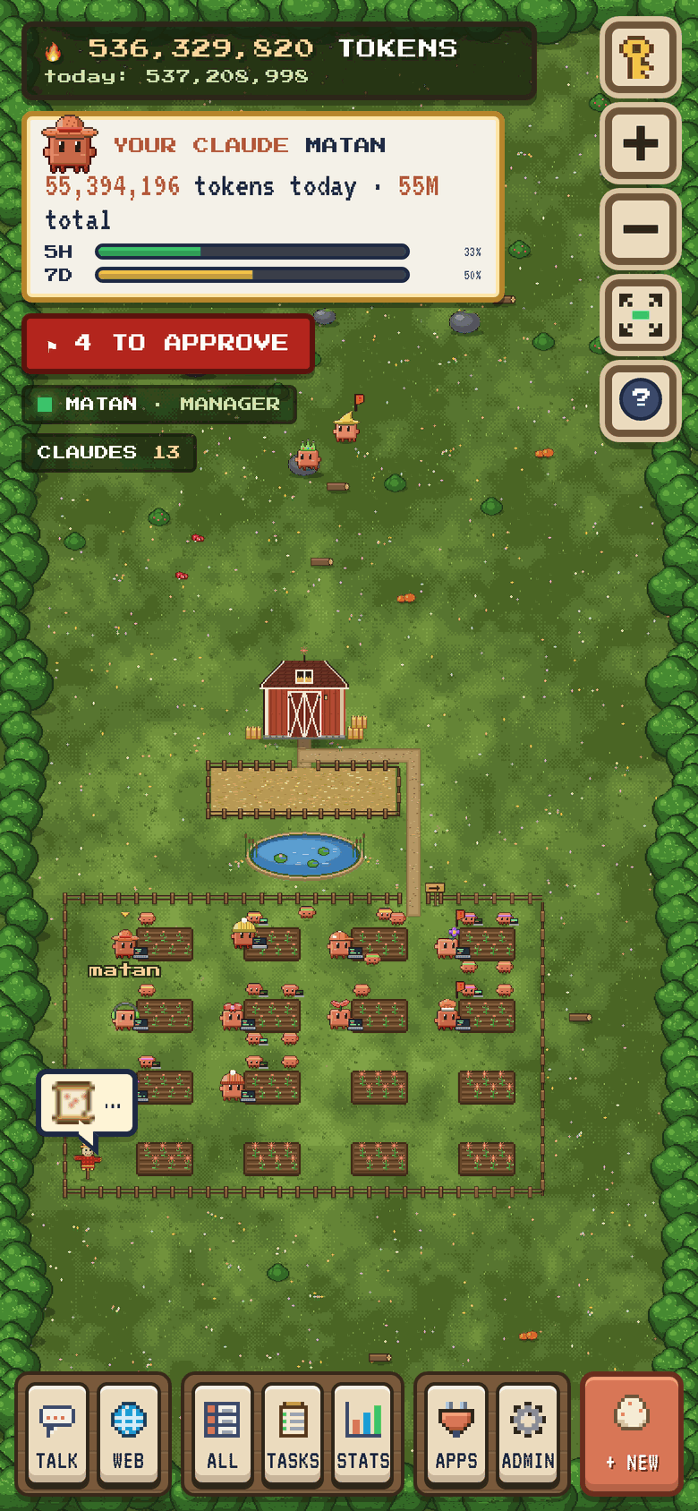 The farm on a phone: the tokens counter and your Claude's card on top, the approvals chip, the barn, yard and pond, the fenced field with its busy Claudes and their sub-agents below, and the dock with talk, web, all, tasks, stats, manage and + new along the bottom