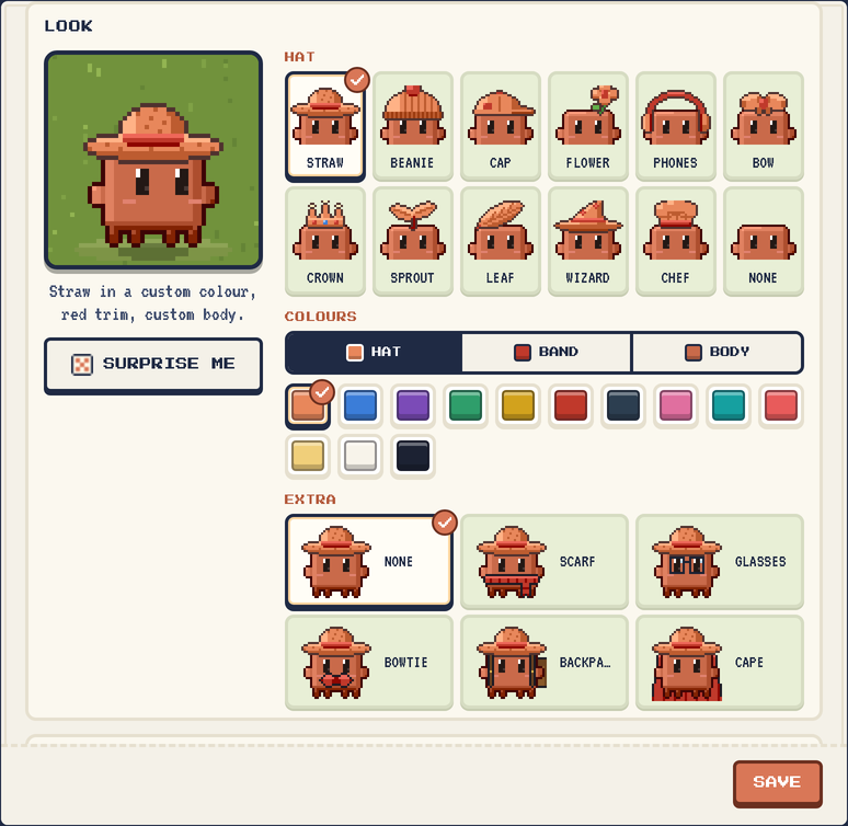 The look picker for your Claude: a big portrait in a straw hat, then twelve hats (straw, beanie, cap, flower, headphones, bow, crown, sprout, leaf, wizard, chef, none), colour swatches for the hat, band and body, extras (scarf, glasses, bowtie, backpack, cape), a surprise me button and save