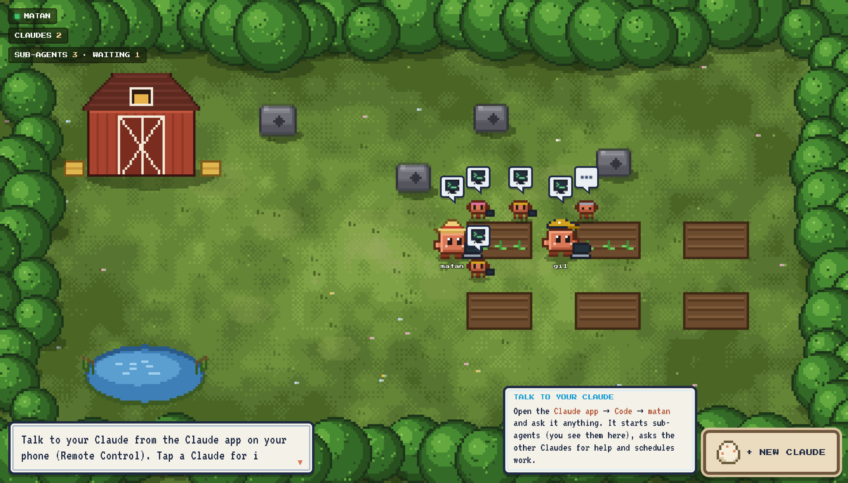 The clodfarm UI: a pixel-art farm where every Claude Code agent is a little Claude character. Some work at terminals beside crop plots, mini Claudes help as sub-agents, finished work blooms, and a Claude naps by the barn while its budget governor paces it
