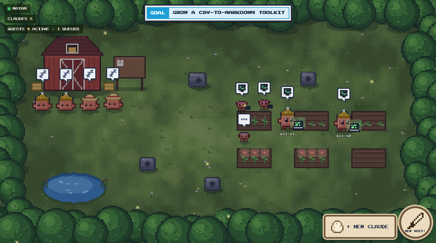 The clodfarm UI: a pixel-art farm where every Claude Code agent is a little Claude character. Some work at terminals beside crop plots, mini Claudes help as sub-agents, finished quests bloom, and a few nap by the barn while the budget governor paces them