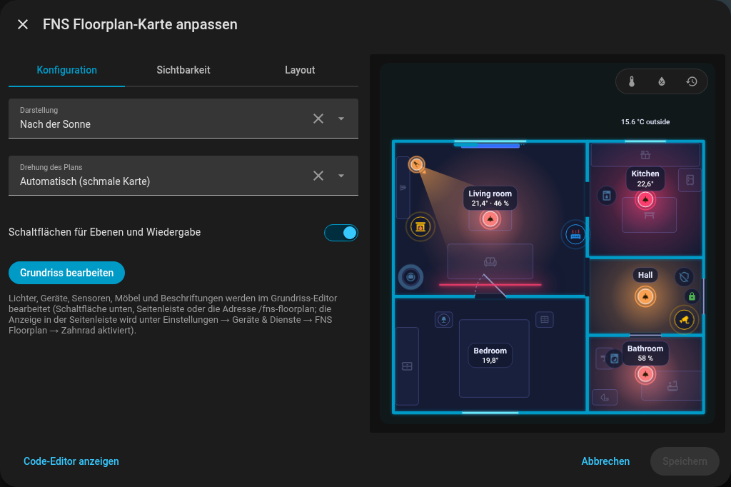 Der Karteneditor im Dashboard mit den Optionen und der Schaltfläche „Grundriss bearbeiten“