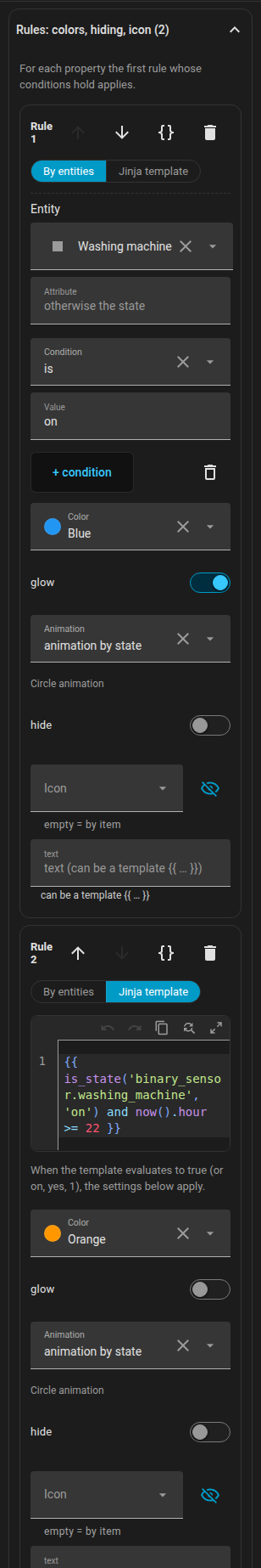 The rules section of an appliance with two rules, one in entity mode and one in Jinja mode