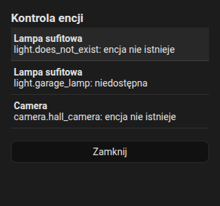 Lista kontroli z brakującą encją i niedostępną encją