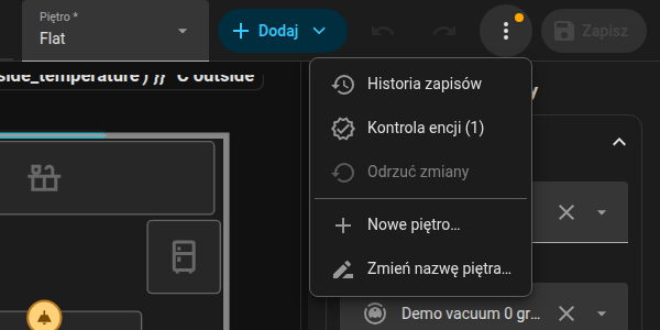 Menu z trzema kropkami z zarządzaniem piętrami i wybór piętra