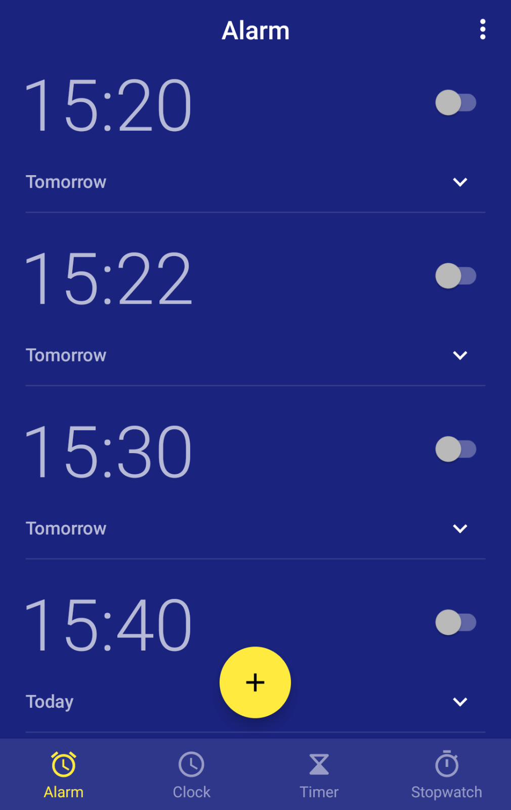 Standard alarm clock screen