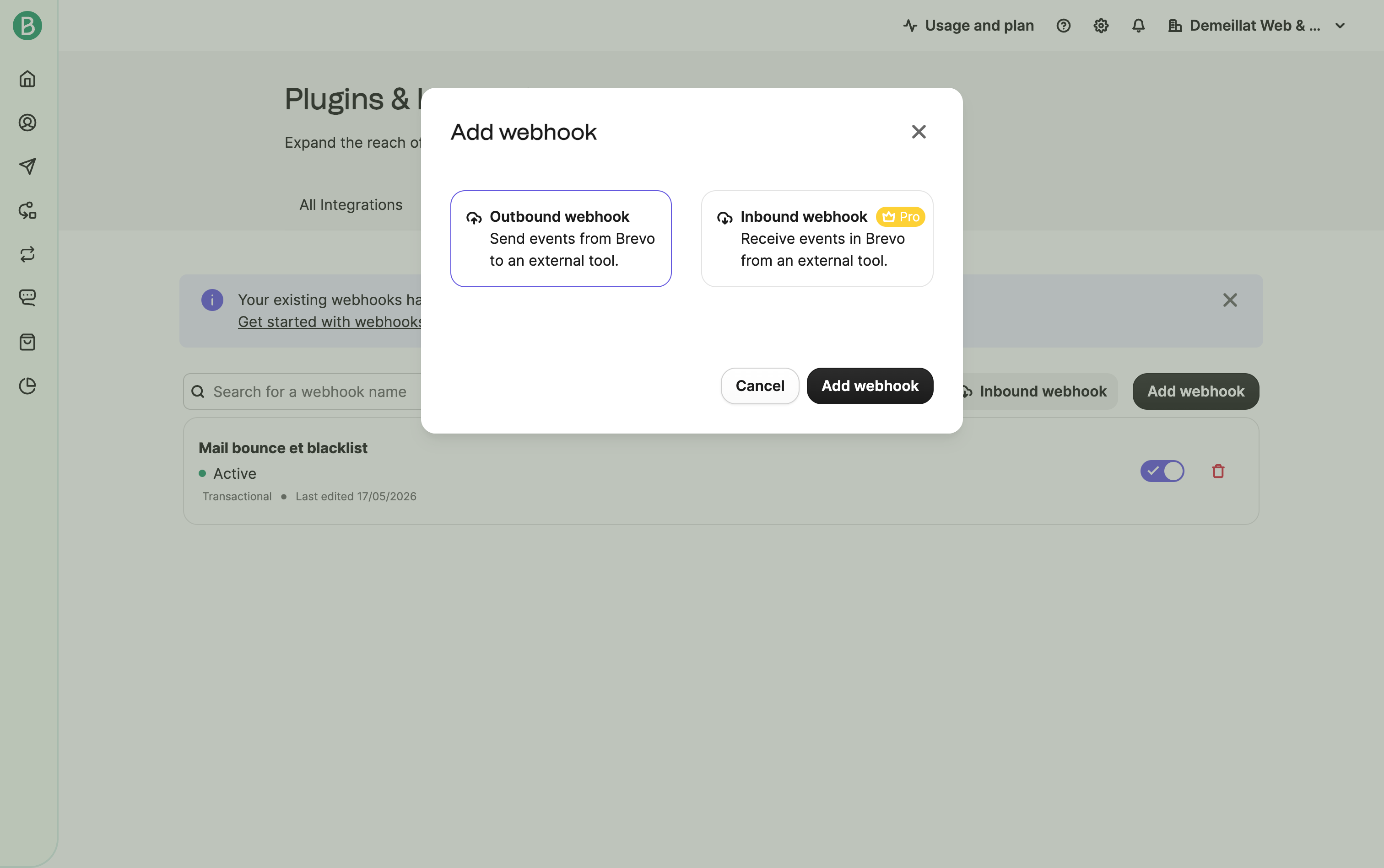 Add webhook in Brevo