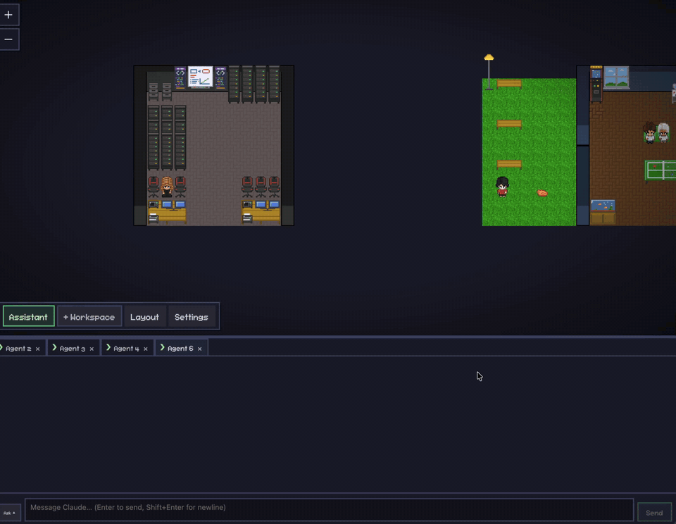 Agent Campus demo — campus with offices, agents working, task orchestration