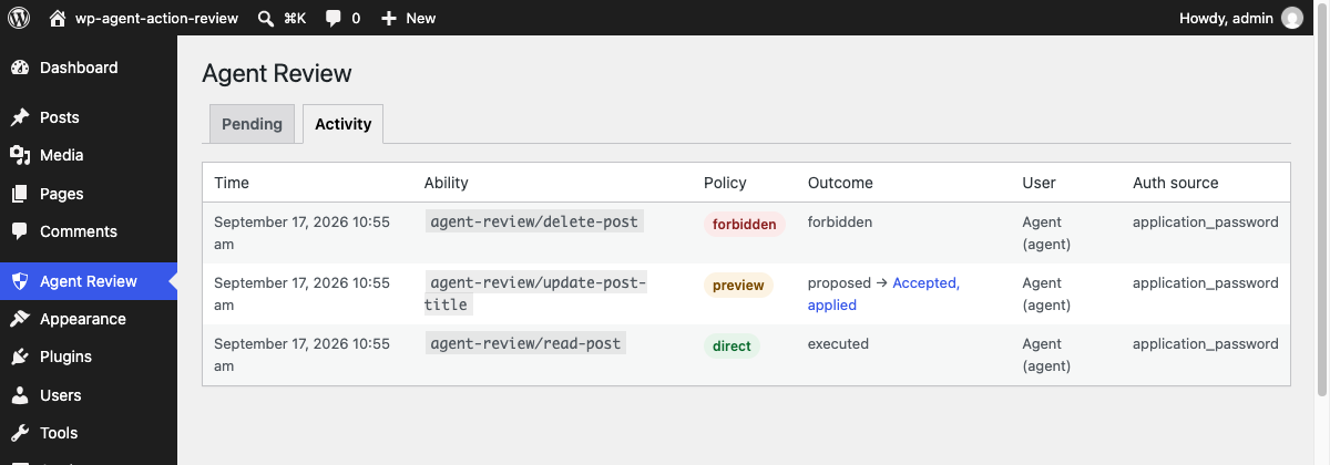 Activity screen with the direct, preview and forbidden decisions