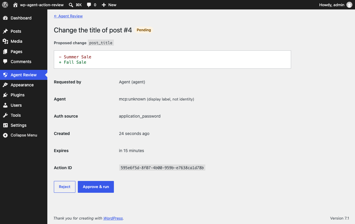 Review screen showing the proposed title change as a diff