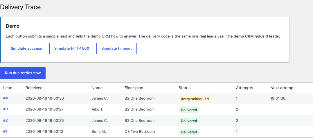 Lead list with the demo panel