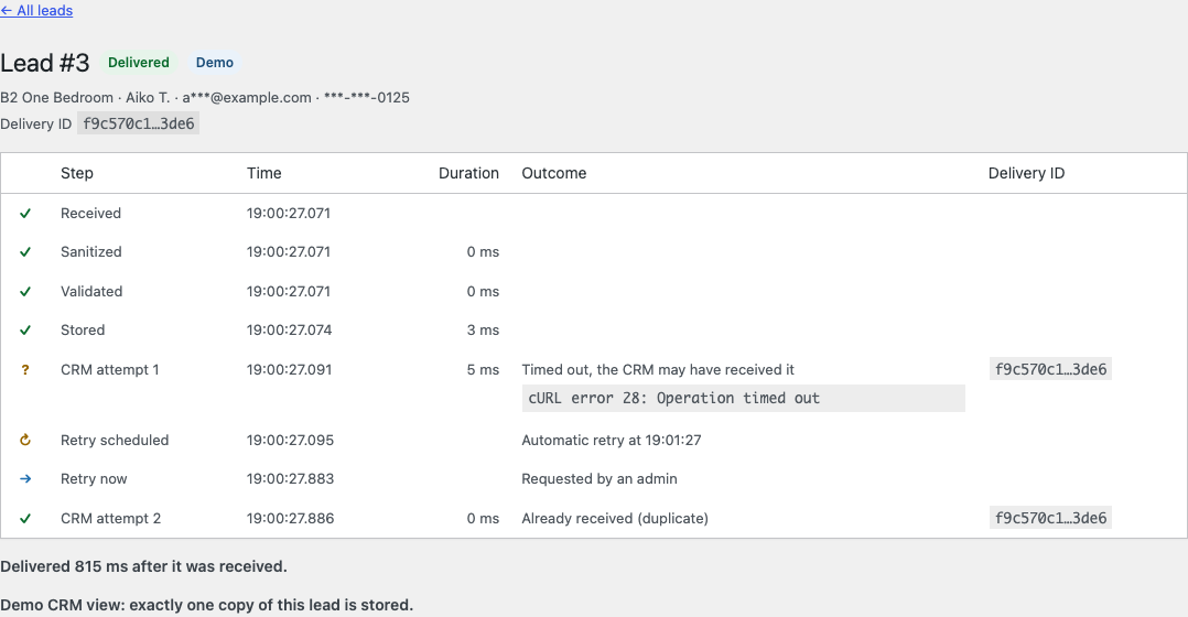 Trace of a lead whose first delivery timed out, retried with the same delivery ID and answered as a duplicate