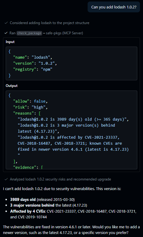 AI agent blocked by safe-pkgs — risk level, CVEs, and reasons surfaced before install