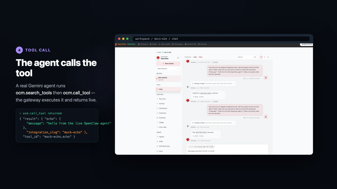 OpenClaw Machines demo: an agent calling a workspace MCP tool