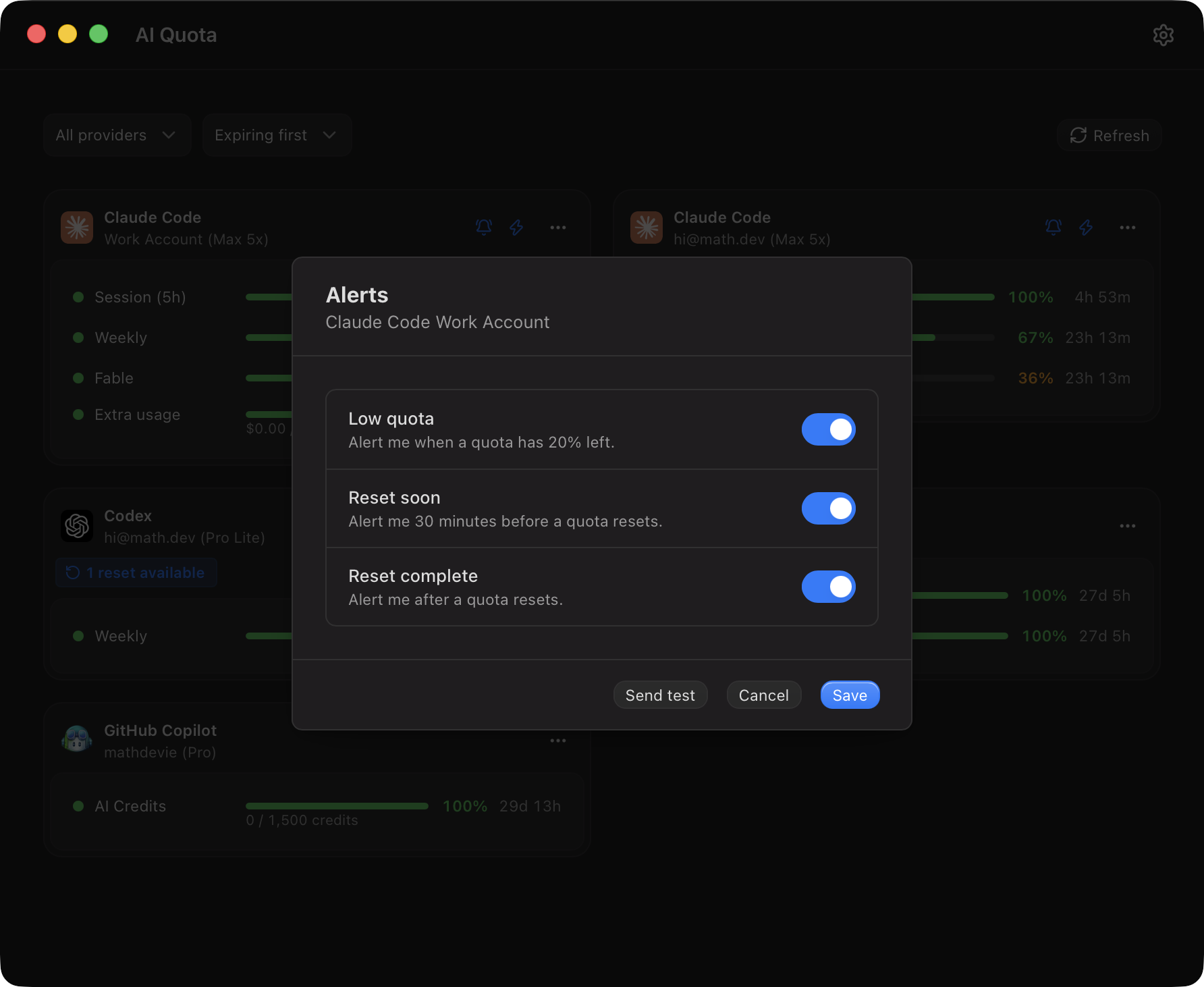 The Alerts dialog with low quota, reset soon, and reset complete toggles
