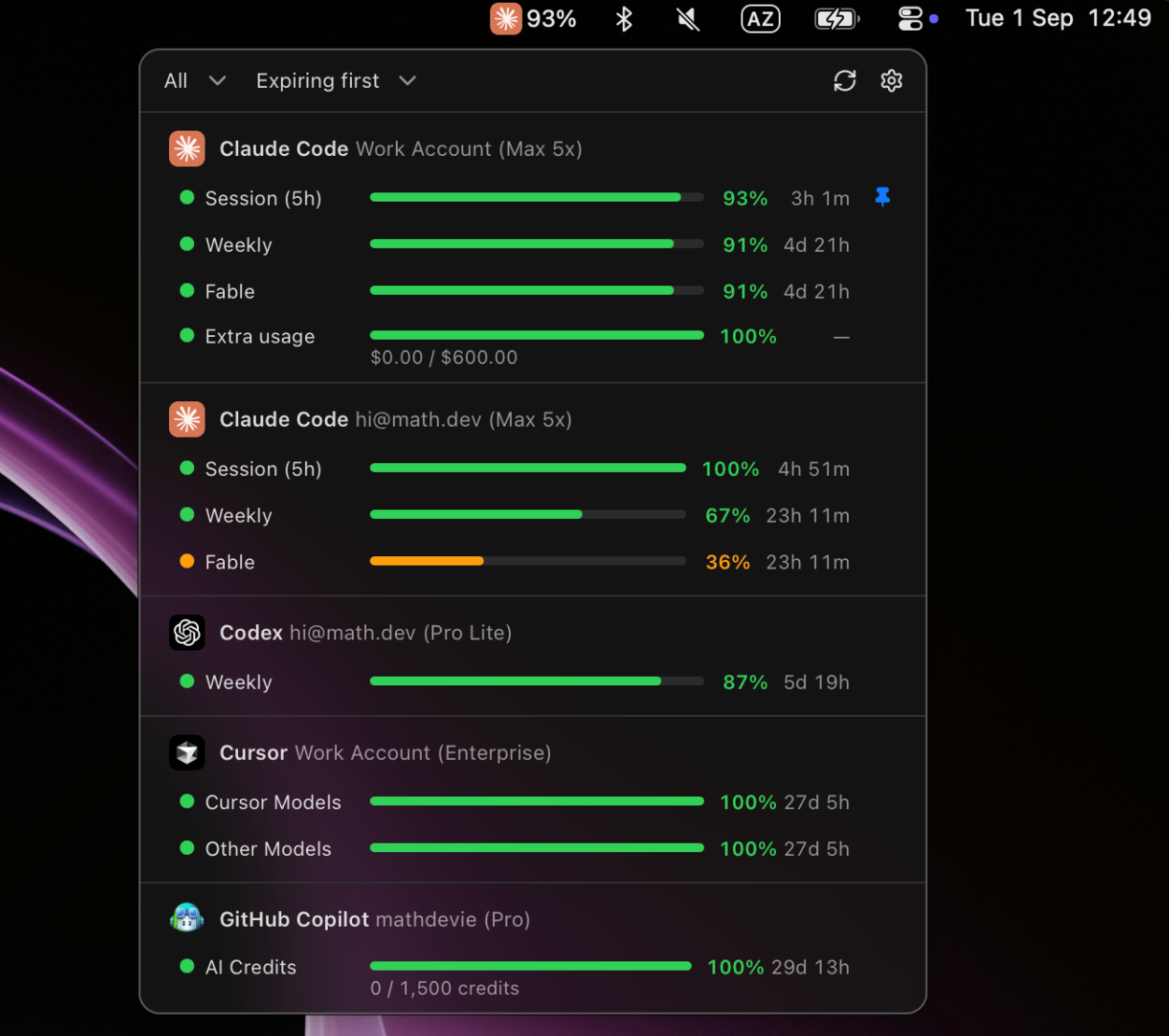The menu bar popover with quotas for every account