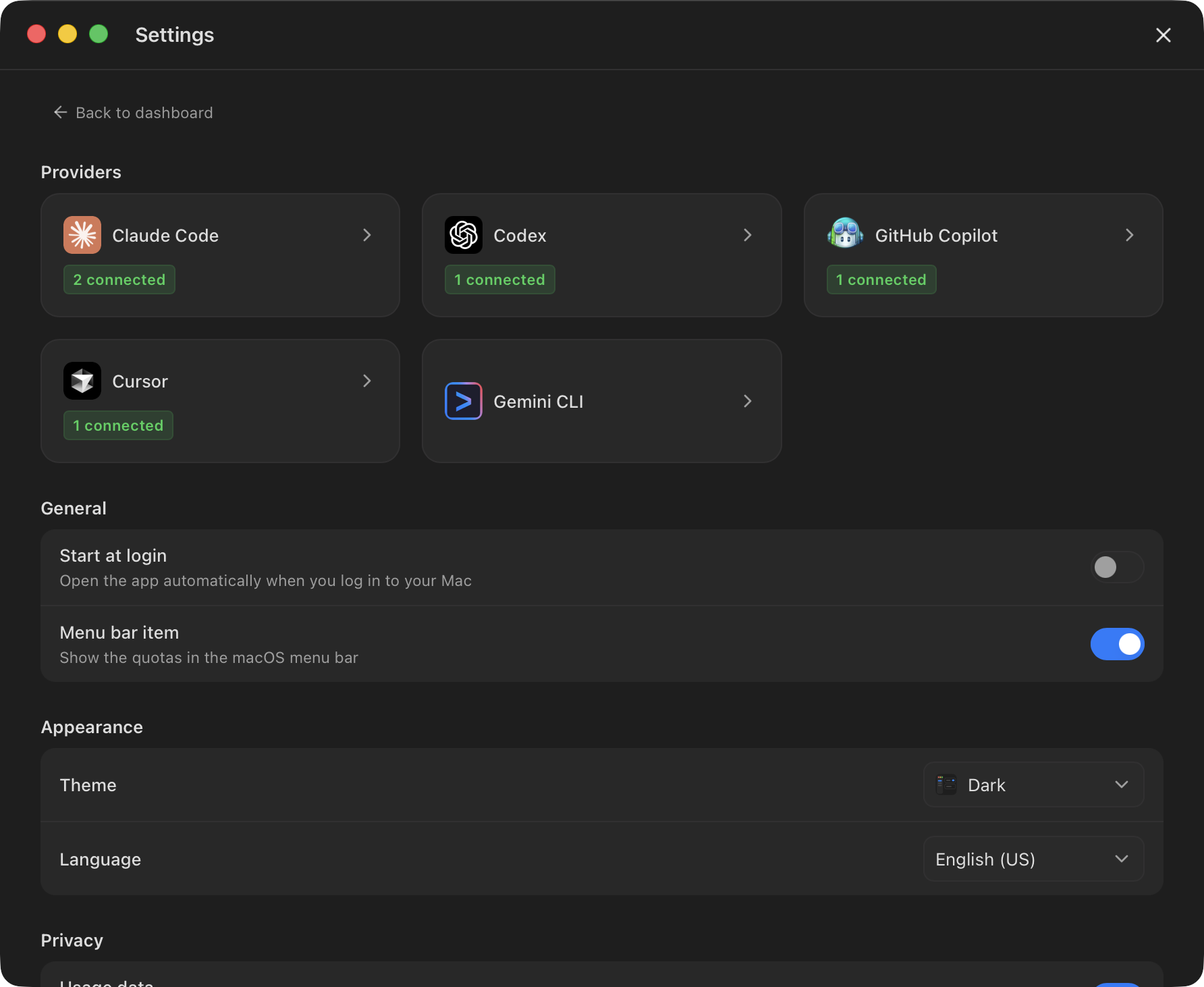 The Settings window with provider cards and connection counts