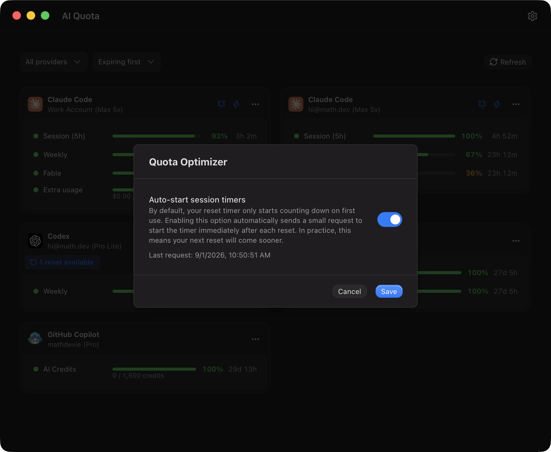 The Quota Optimizer dialog with the auto-start session timers option
