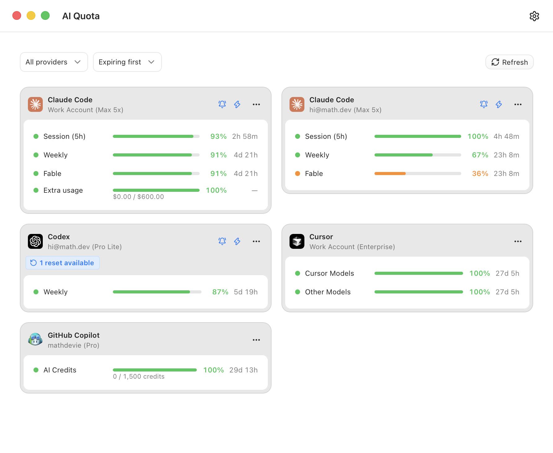 The quota dashboard with Claude Code, Codex, Cursor, and GitHub Copilot accounts