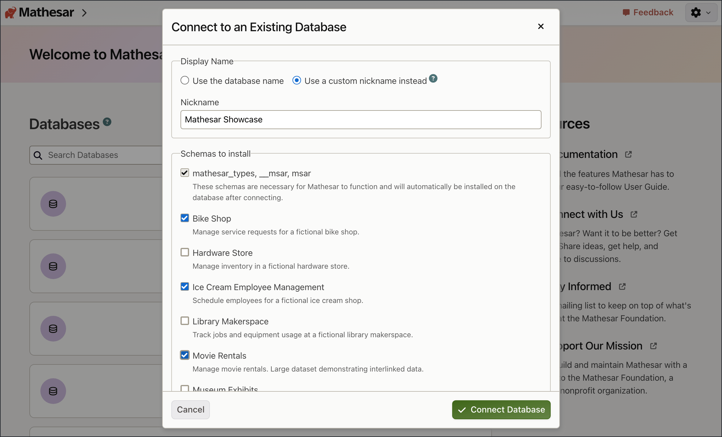 Mathesar dialog for creating a PostgreSQL database with sample dataset options.