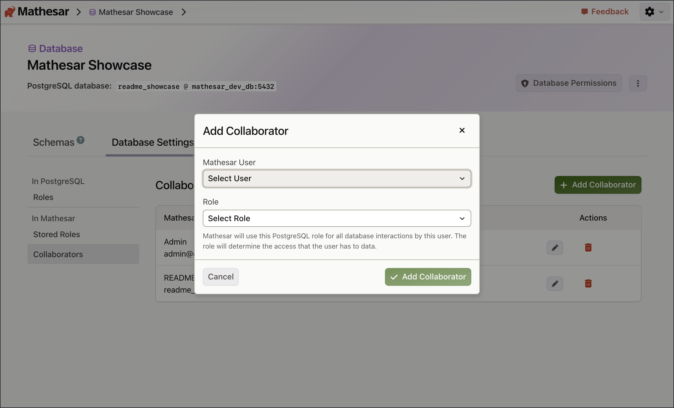 Mathesar collaborators page showing a read-only user added to the showcase database.