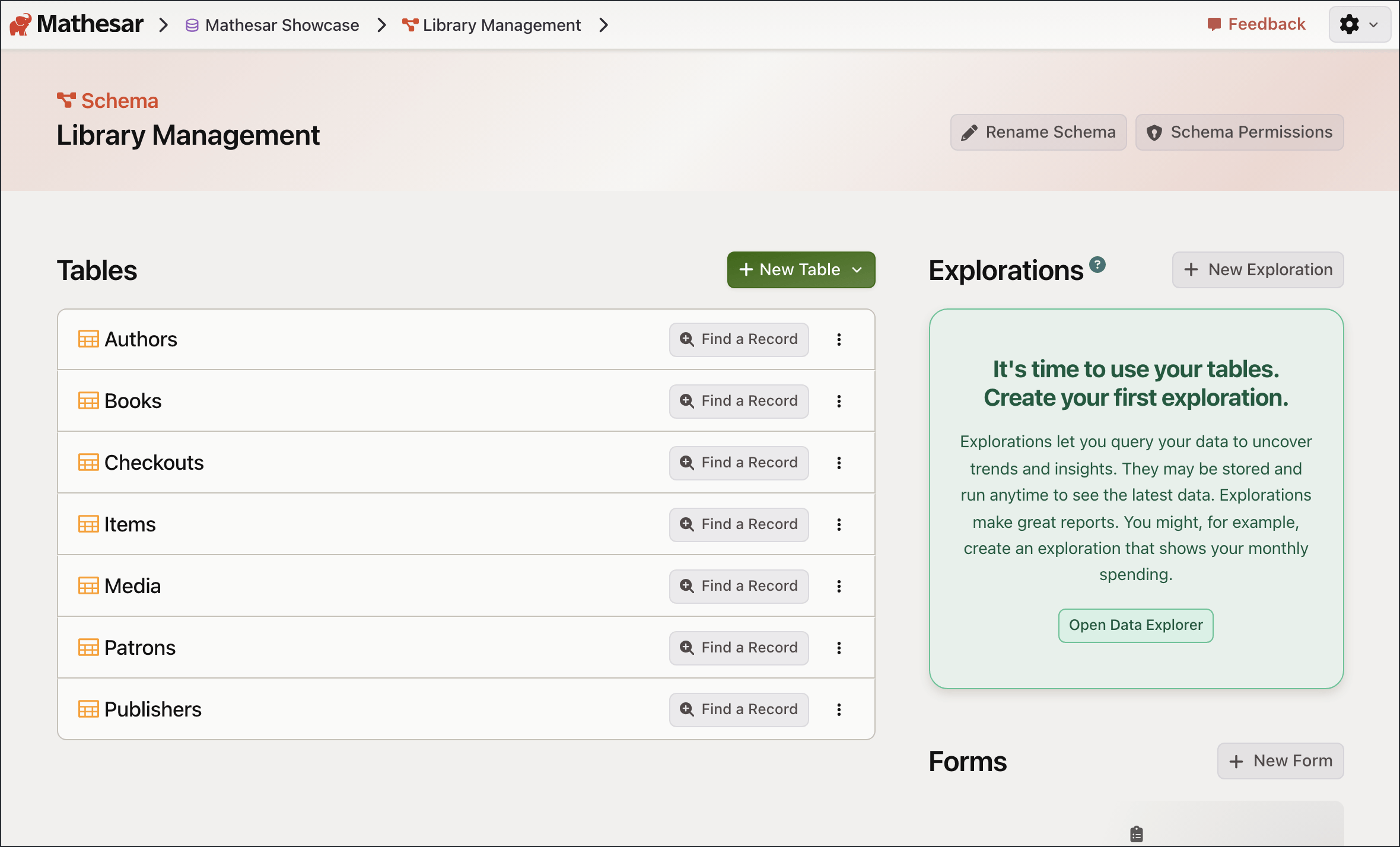 Mathesar schema page showing the Library Management tables, forms, and explorations.