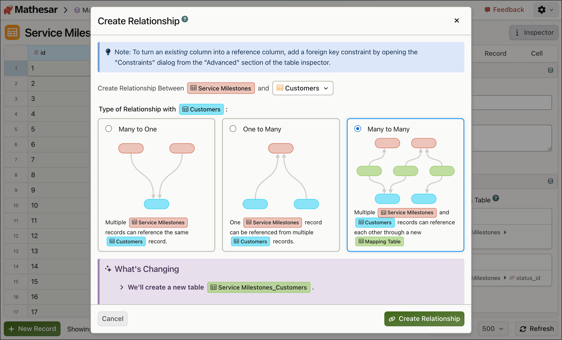 Mathesar relationship creation interface for linking two PostgreSQL tables.