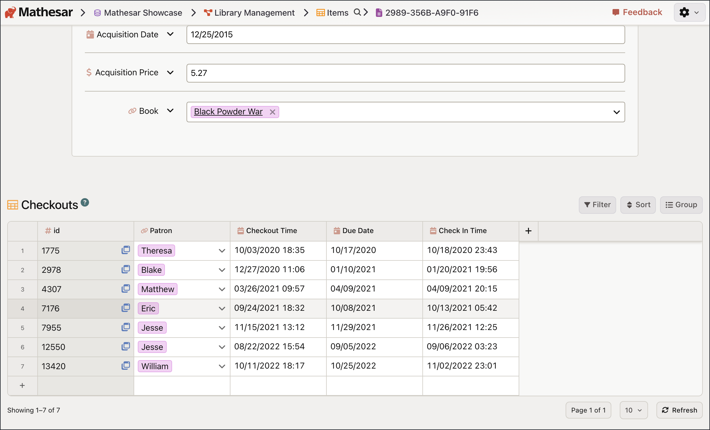 Mathesar single-record page for a library item with related checkout records visible.