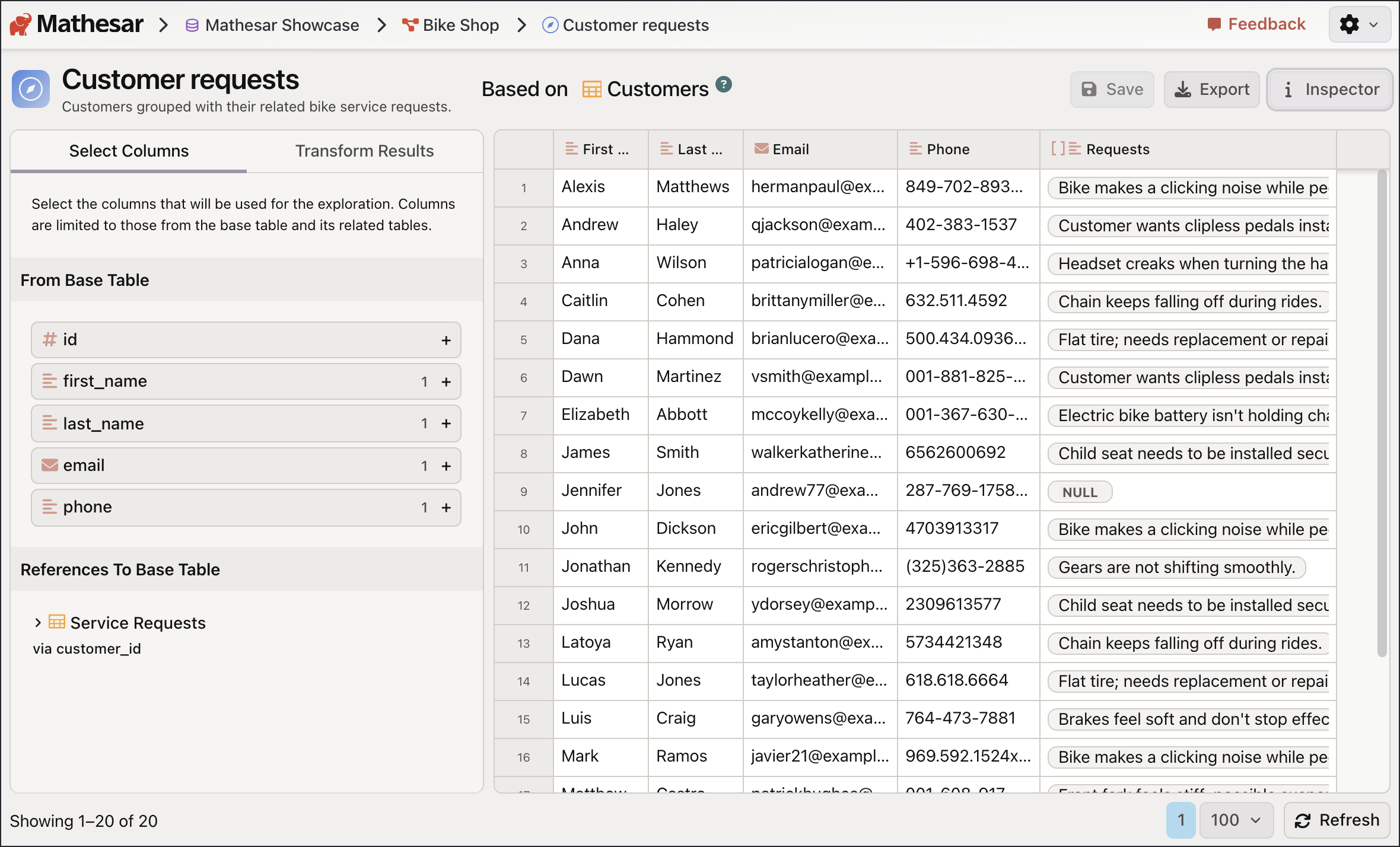 Mathesar exploration page showing bike shop customers with related service requests.