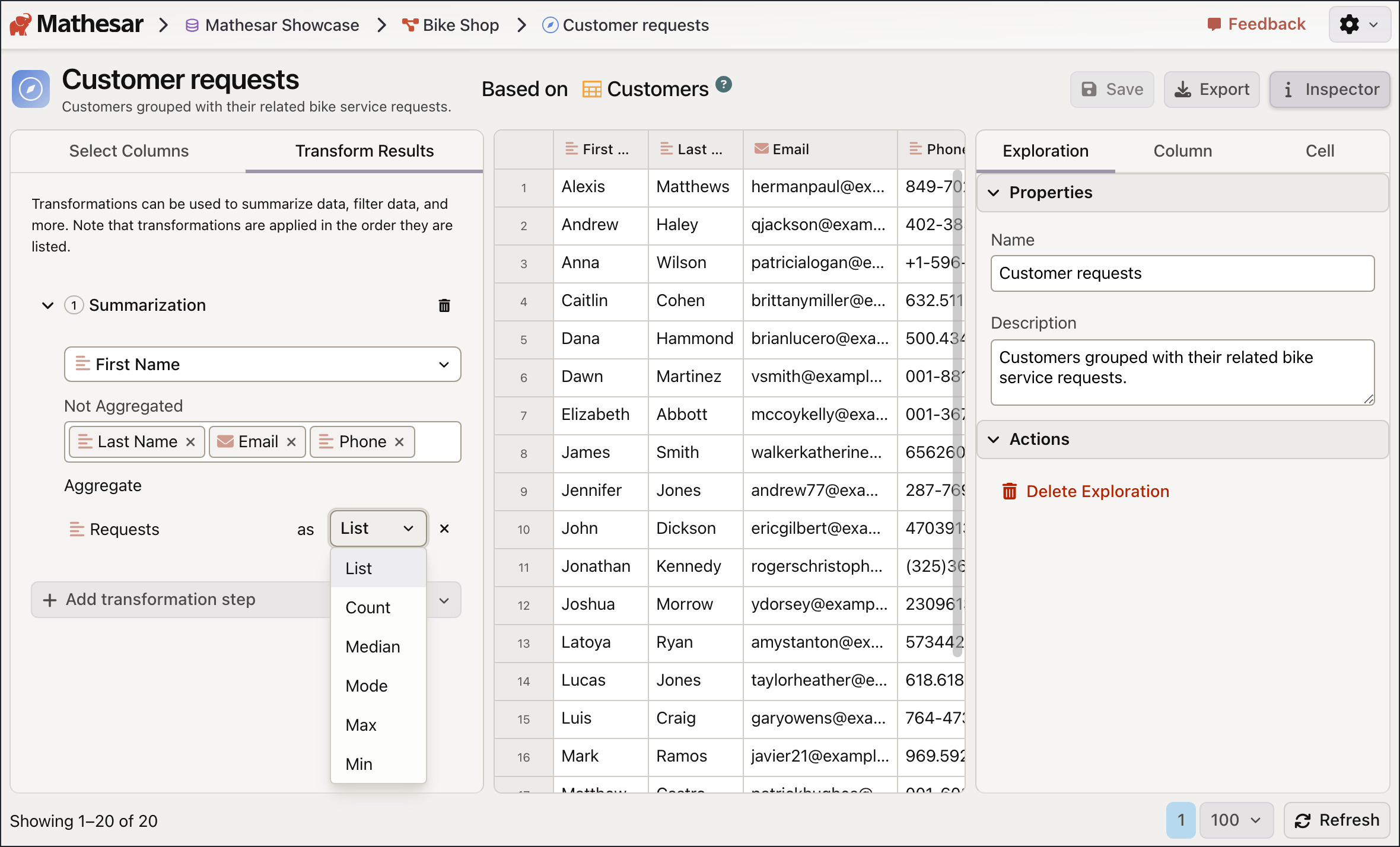 Mathesar Data Explorer query builder showing a service request list aggregation.