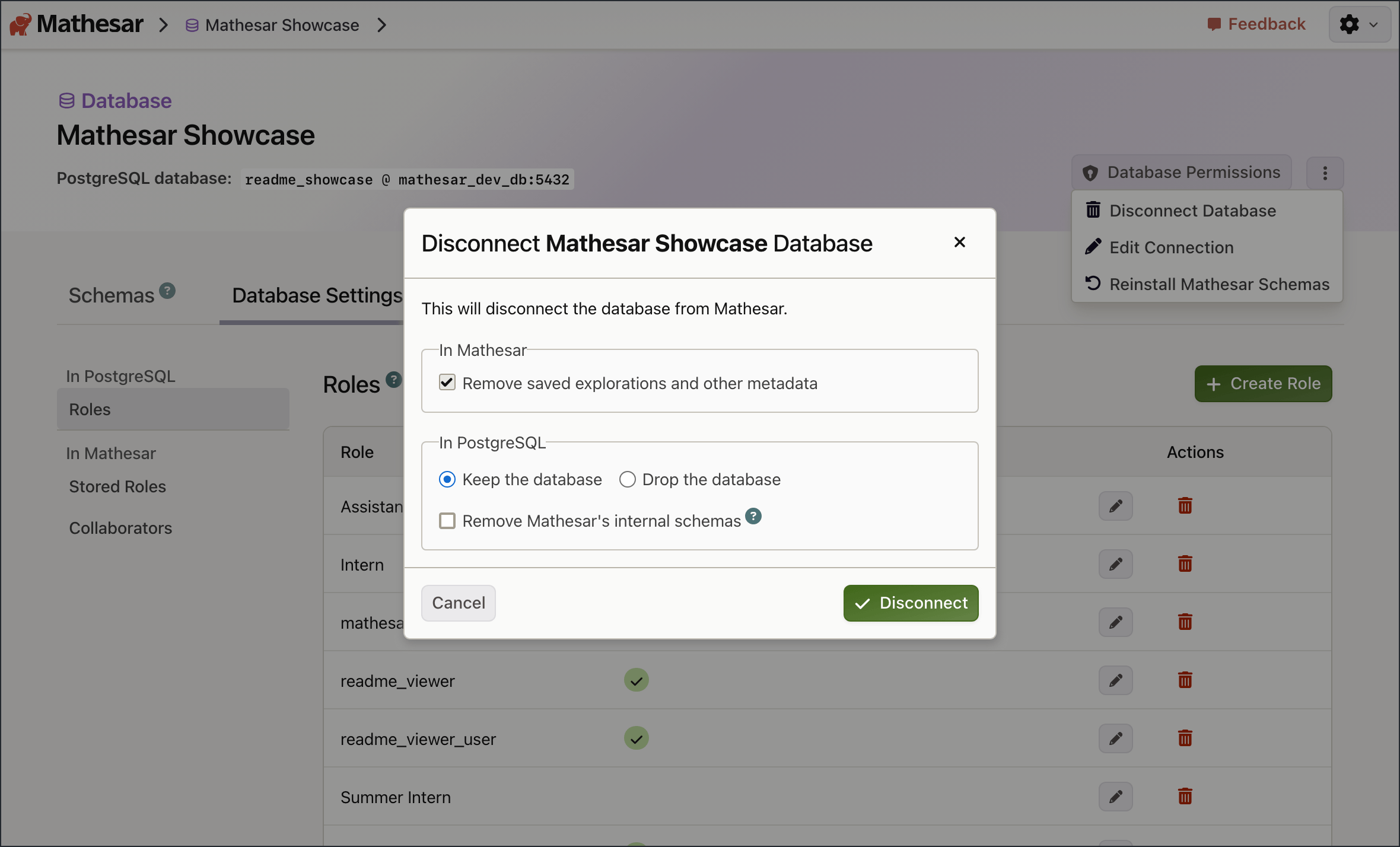 Mathesar confirmation dialog for disconnecting the showcase database.