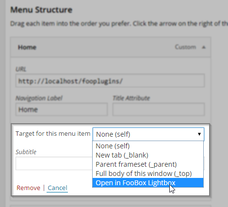 Choose from the Link Target Dropdown