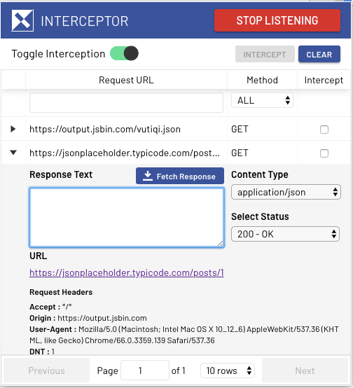 A screenshot of Listened requests with request headers