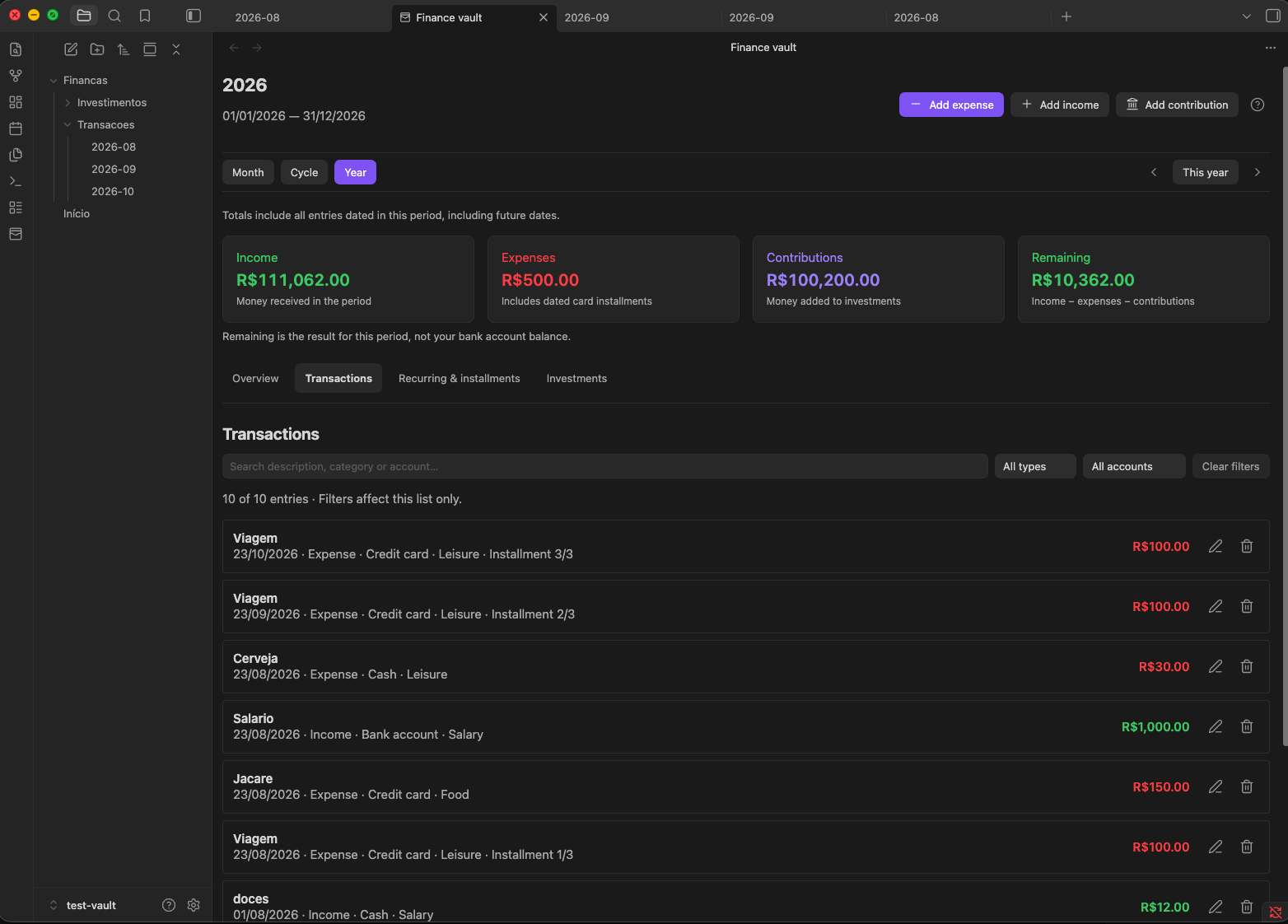 Finance Vault dashboard showing yearly totals and transactions