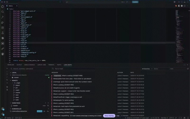 Look Git commit history — expand commits, inspect changed files, and open commit actions