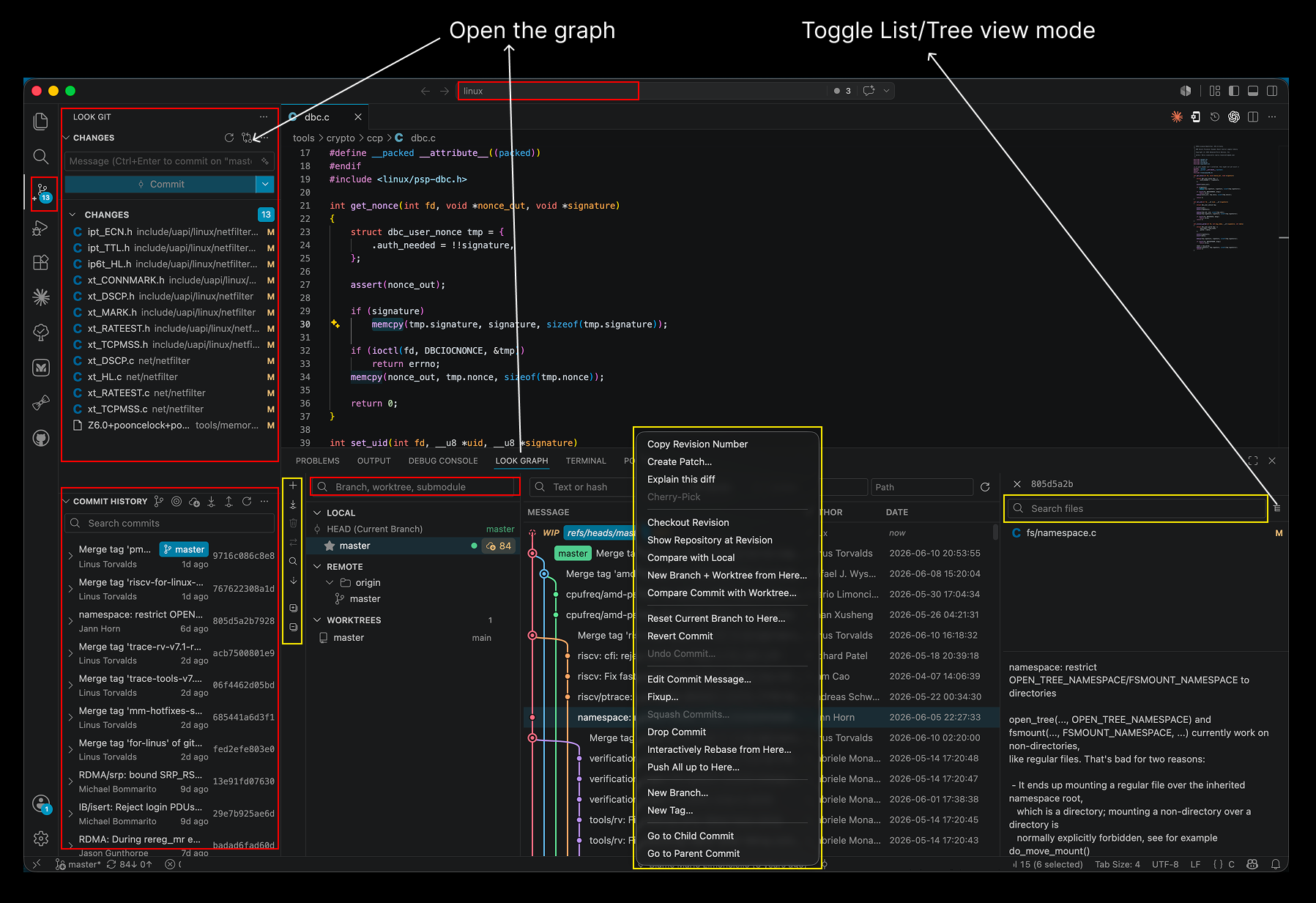 Look Git overview — Changes panel and Commit History in the sidebar, with the Look Graph open in the panel area