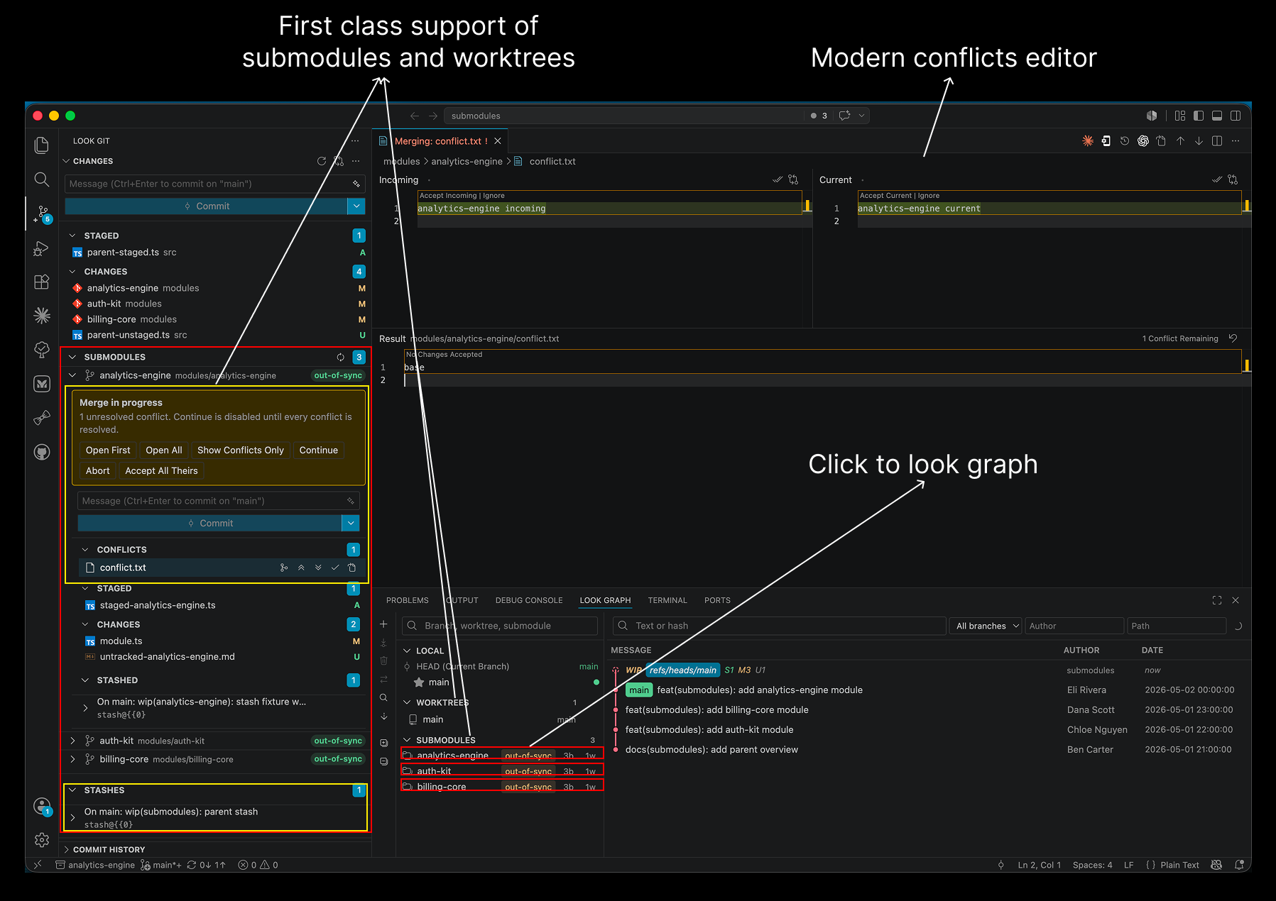 Look Git submodule support — first-class submodule and worktree entries alongside the modern conflicts editor