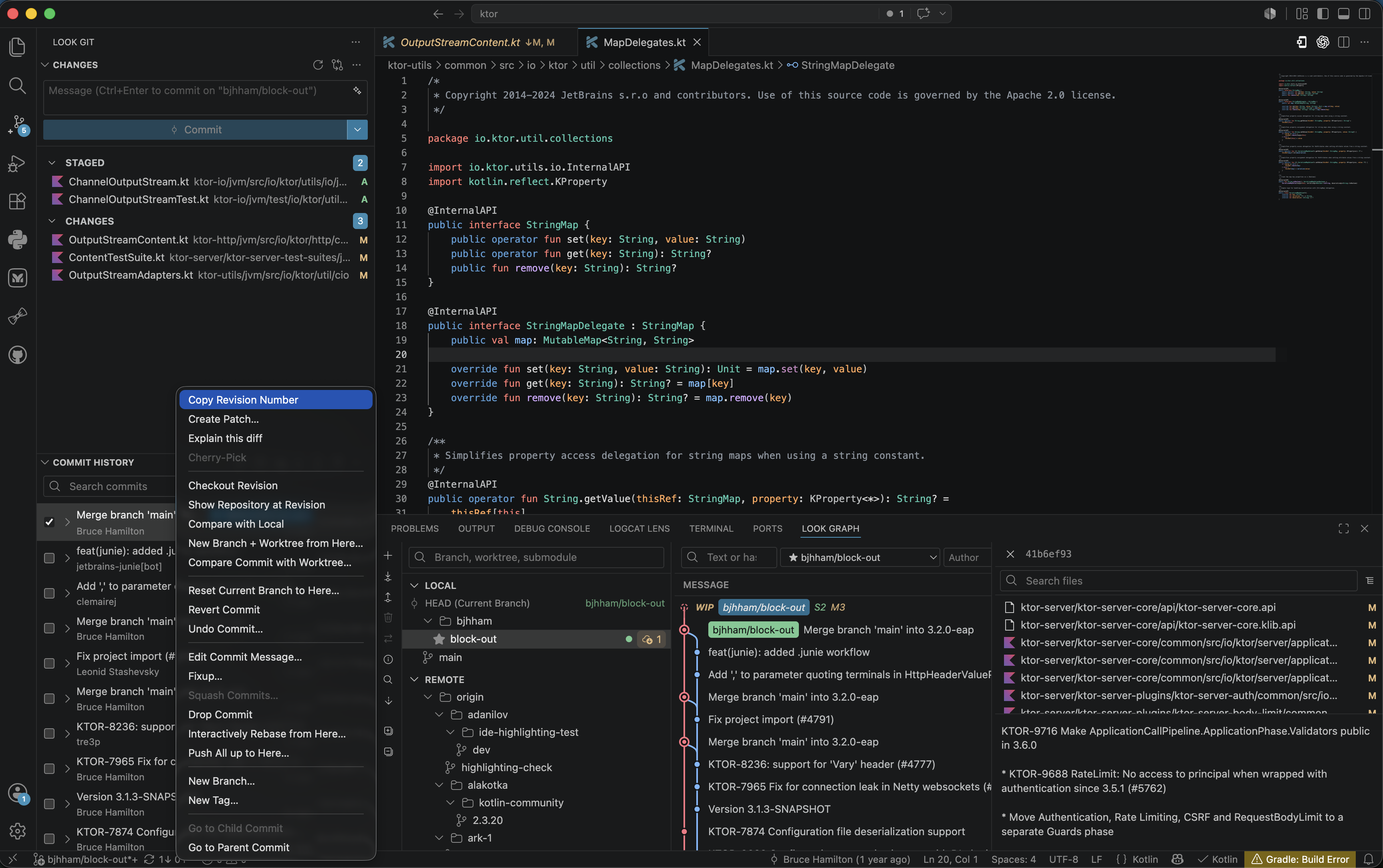 Look Git commit history context menu &mdash; advanced actions for the selected commit