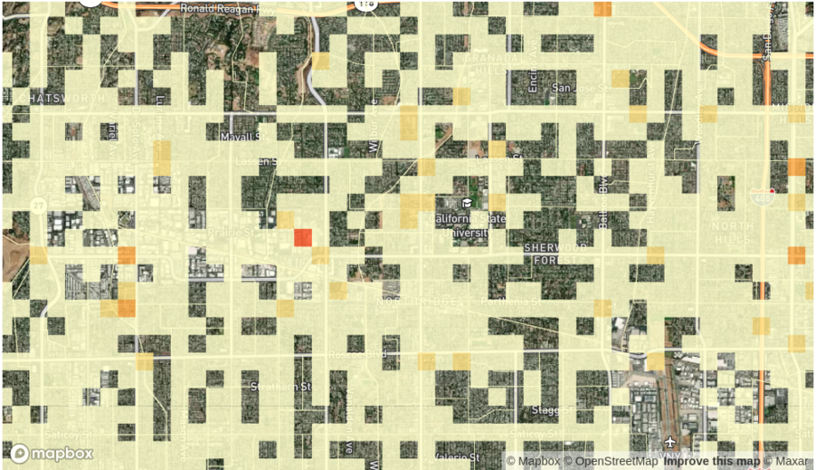 Satellite view of Los Angeles with prediction heatmap overlay