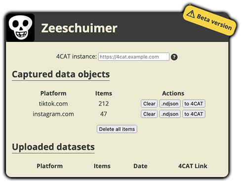 A screenshot of Zeeschuimer's status window