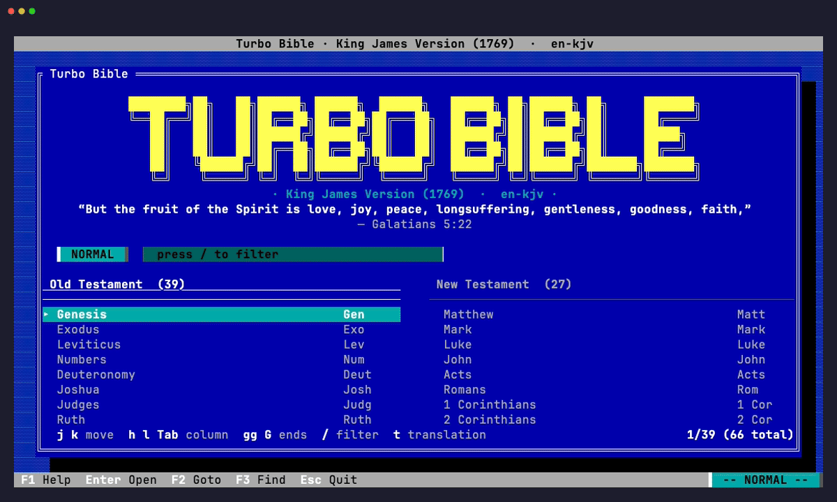 Turbo Bible demo: searching for "love" and jumping to 1 John 4:18