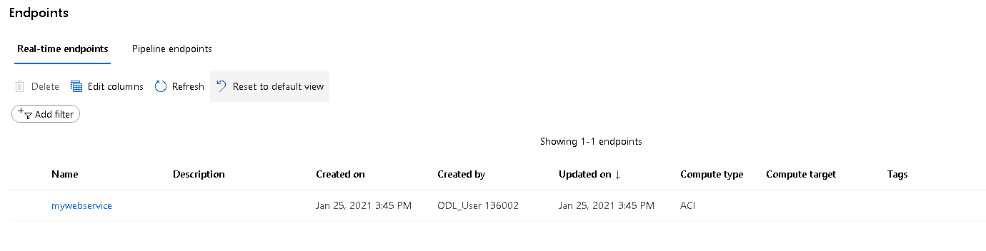 The endpoint tab on Azure showing my endpoint