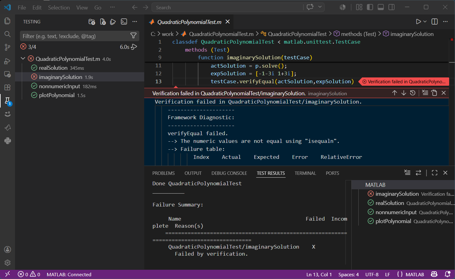 Test Explorer showing test results with passed and failed tests, and diagnostic output in the Test Results panel