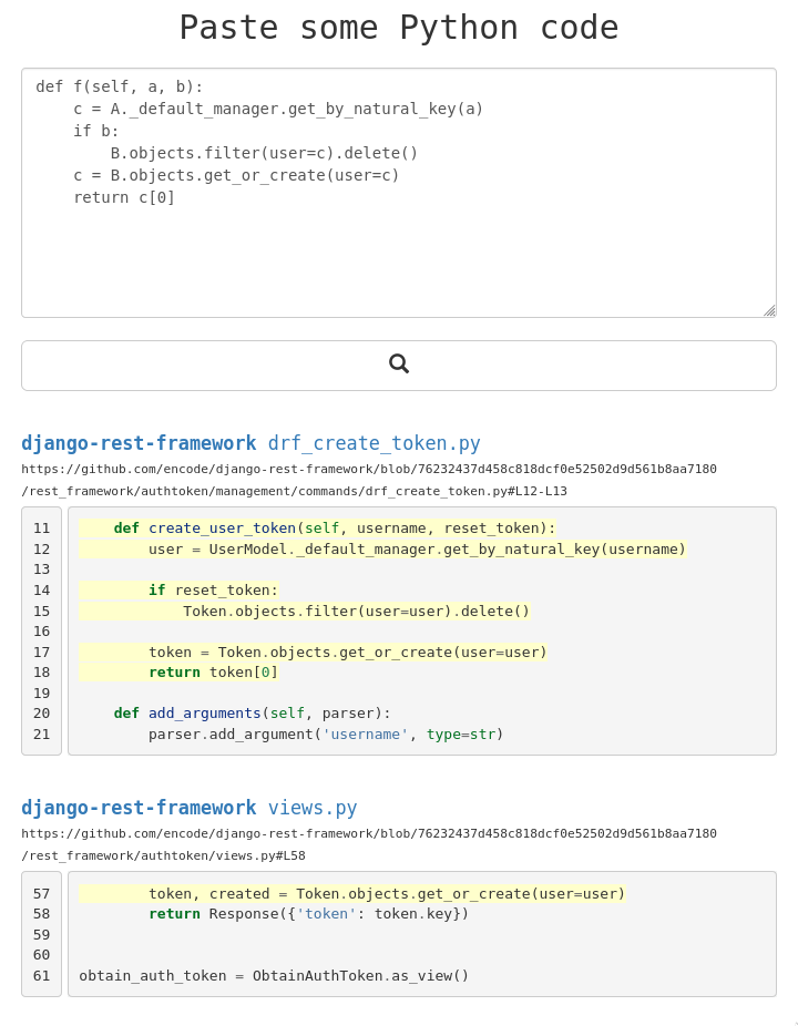 Search result page for a given code snippet query showing matching code from a GitHub repository