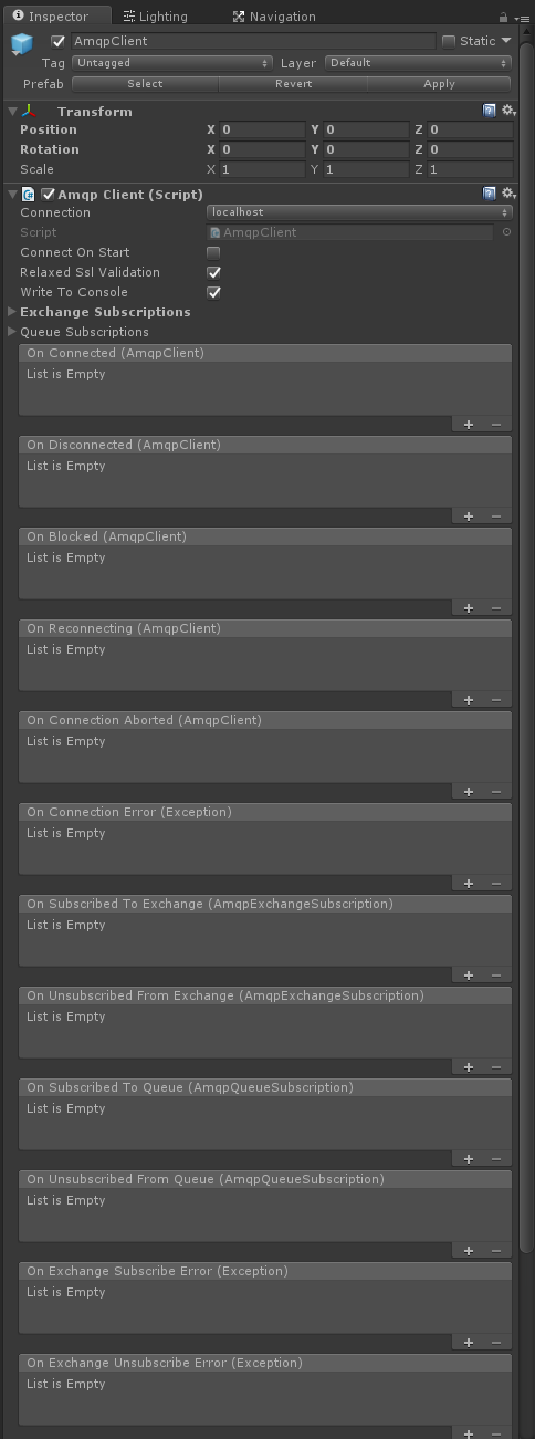 AmqpClient in Unity Inspector