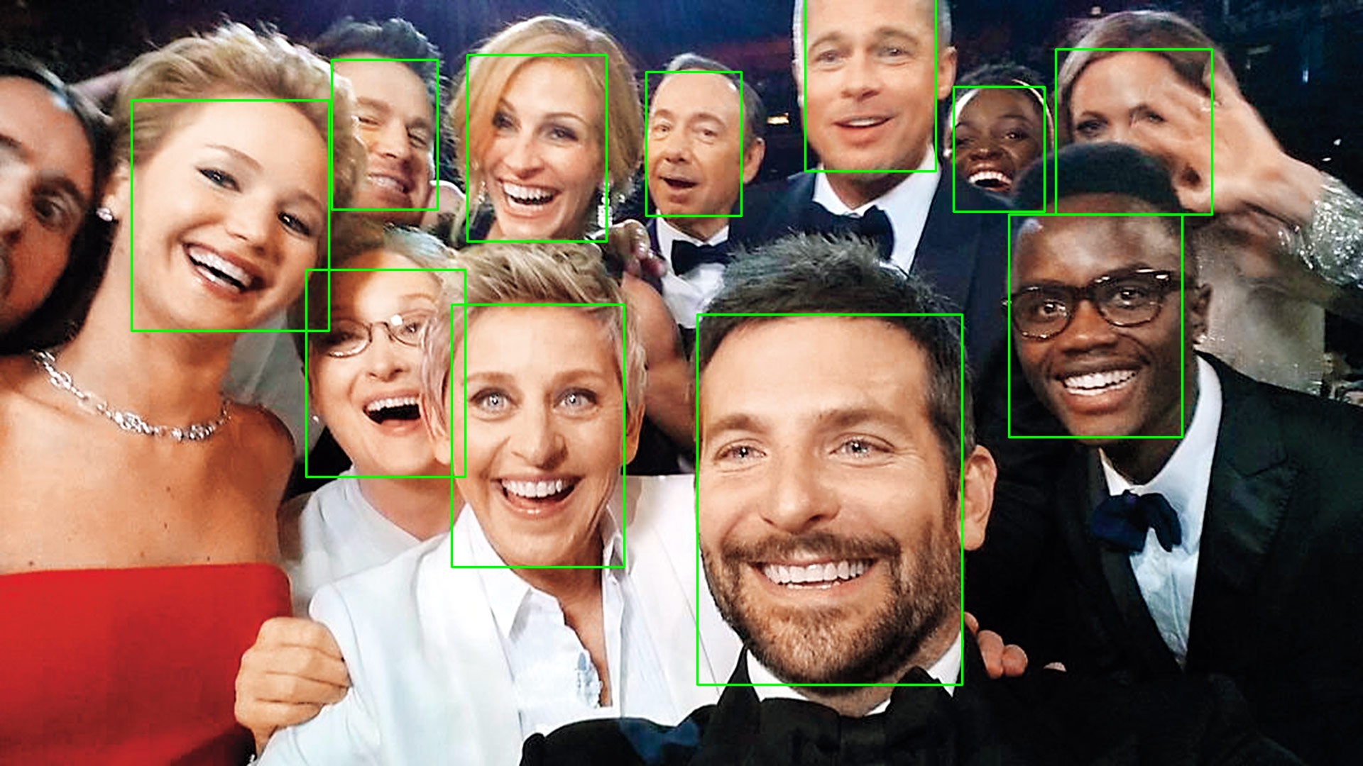 Image with all the faces marked by a green rectangle