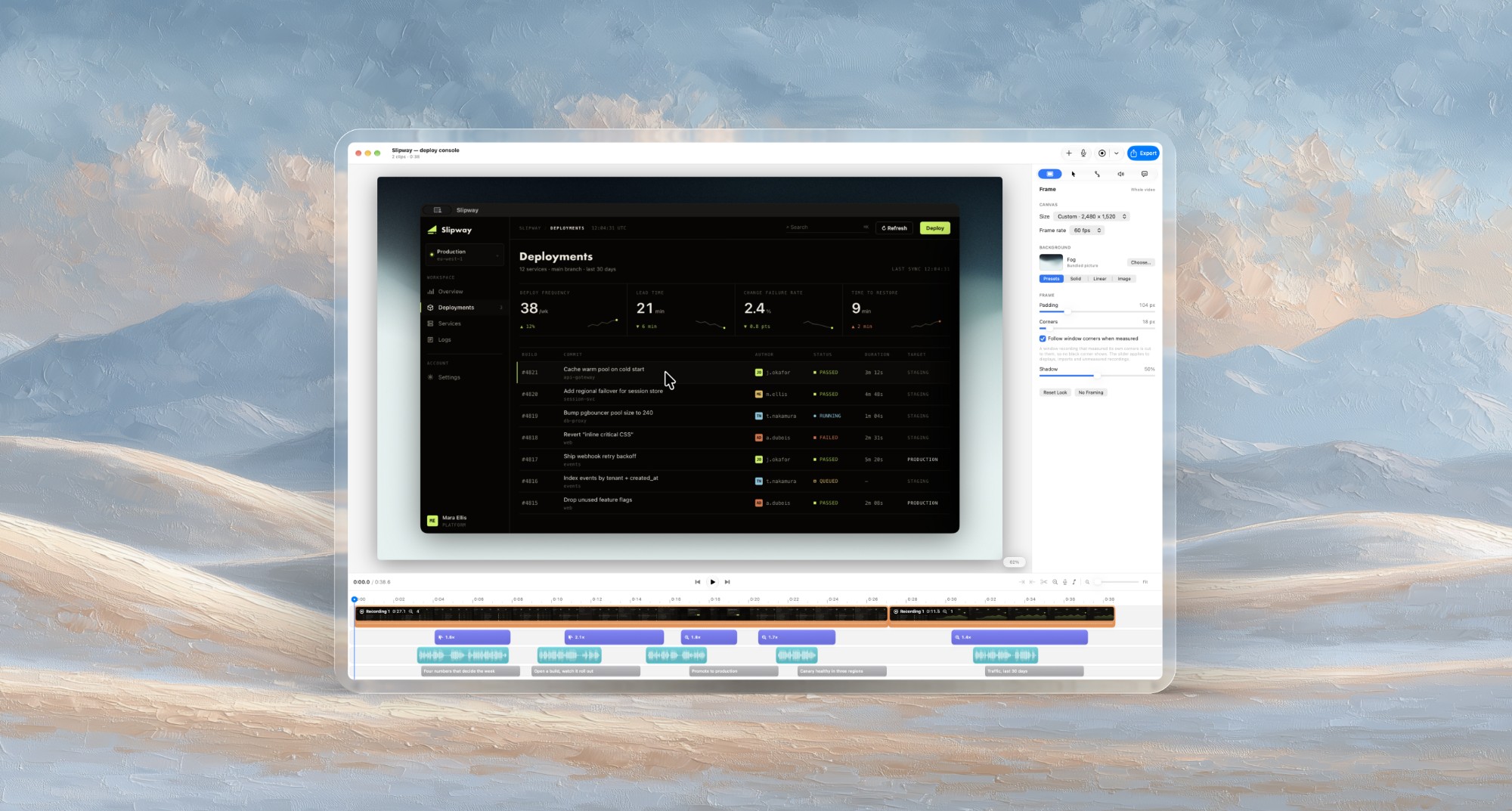 Lumae's editor on a Mac: a screen recording of a deploy console framed on a painted background, with automatic zooms, narration and captions on the timeline below