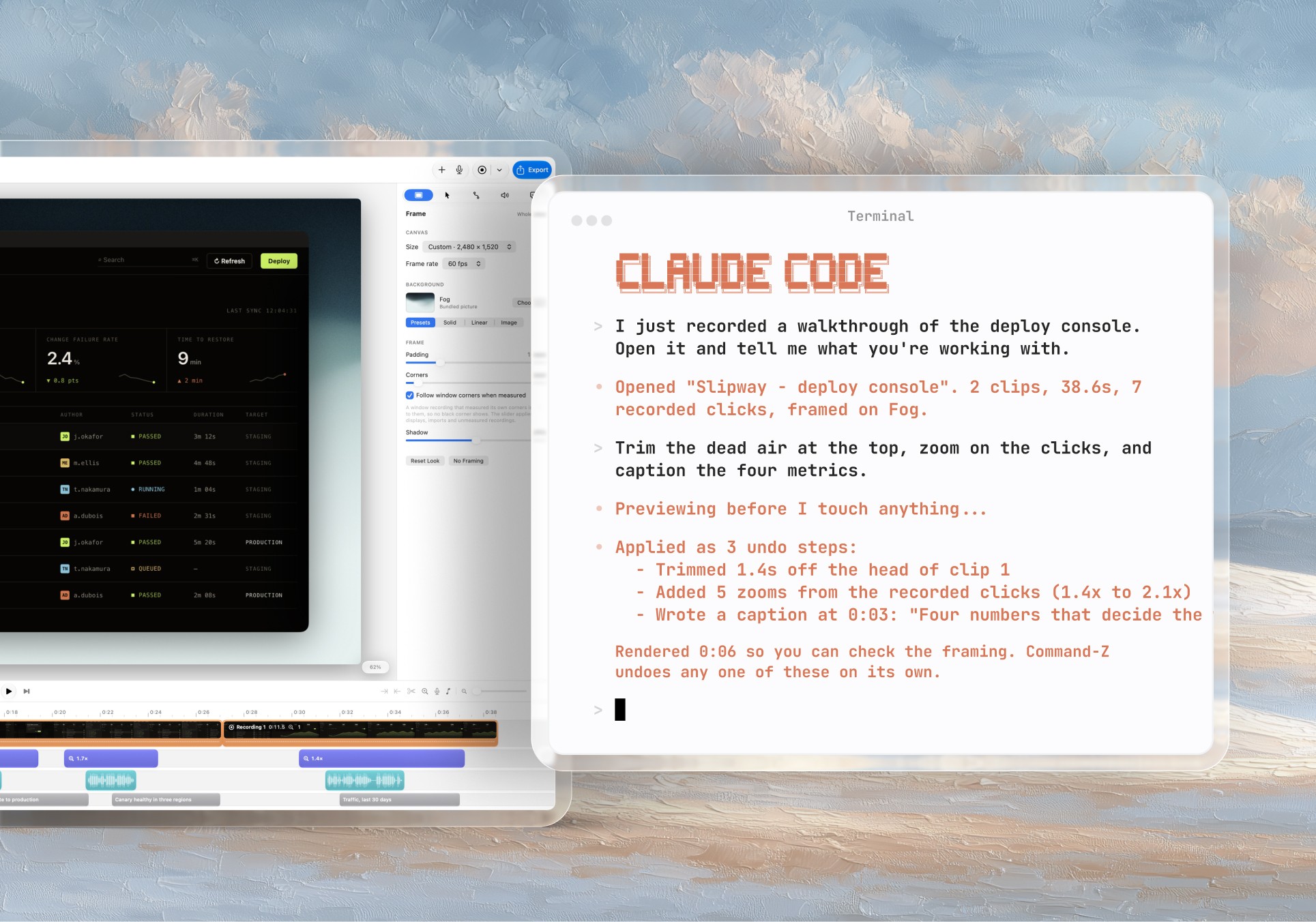 Claude Code editing a Lumae project over MCP: it opens a recording, previews its changes, then trims the dead air, adds five zooms from the recorded clicks and writes a caption, each as its own undo step, while the Lumae editor shows the result