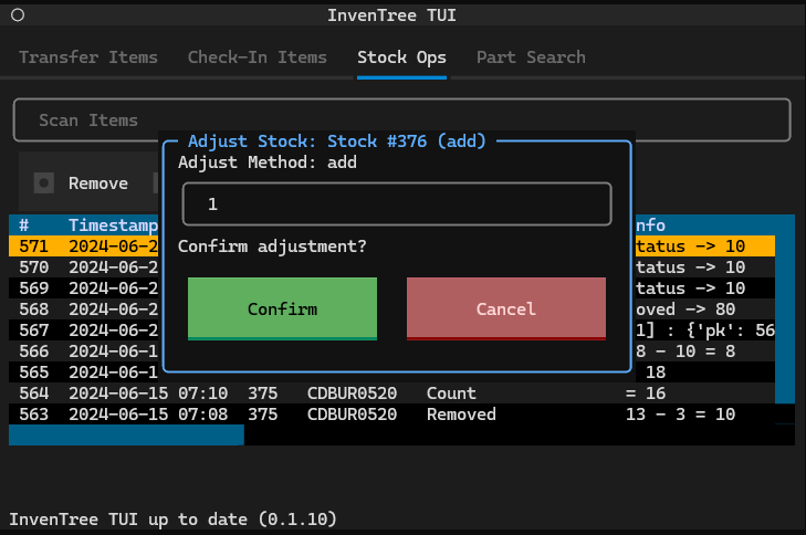 Screenshot of stock operations tab 