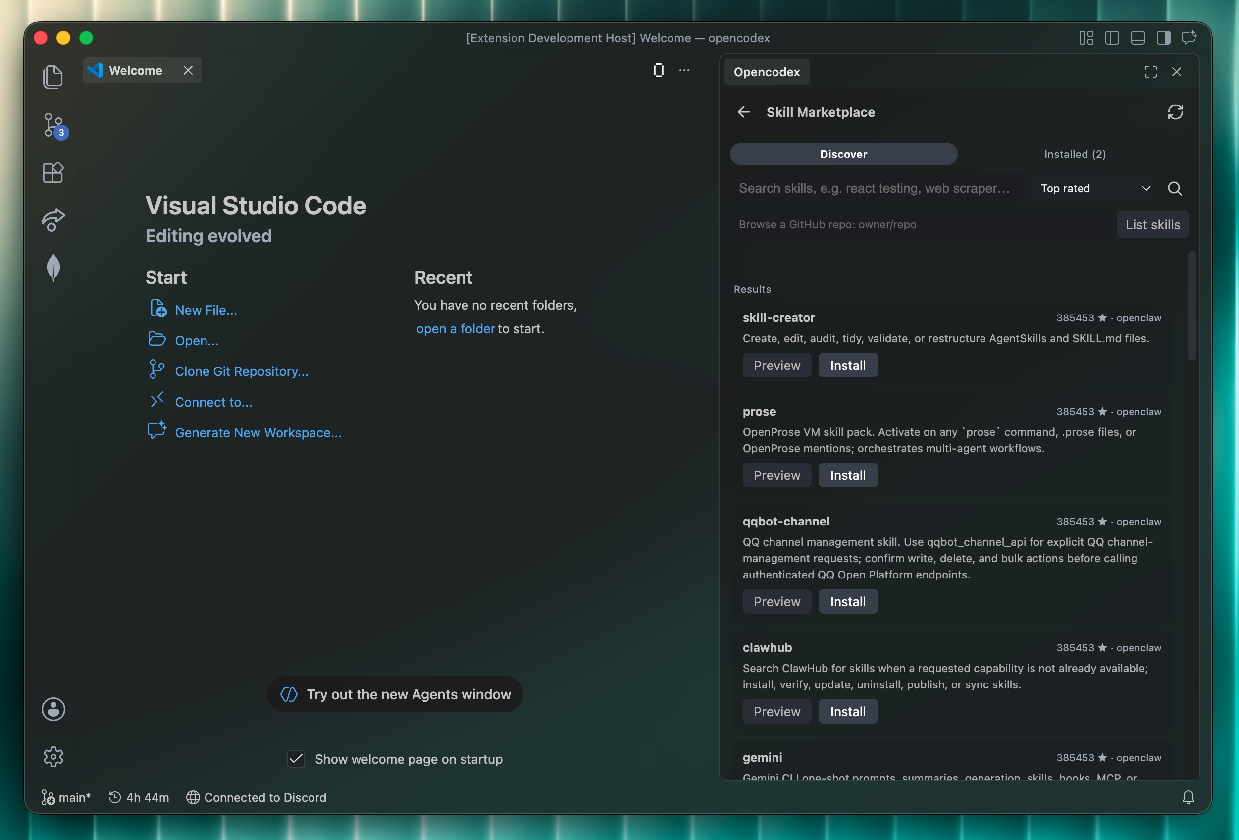 Browsing installable agent skills inside Opencodex